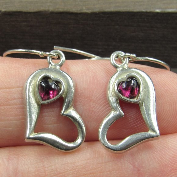 Jewelry - Sterling Silver Tarnished Garnet Heart Love Earrings Vintage